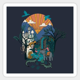 Adventure Block Print - jungle adventure scene with sunset, elephant, leopard and crocodiles Magnet